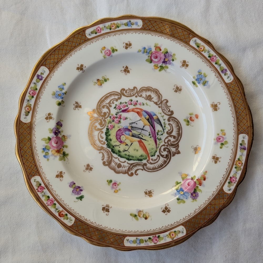Vintage Crown Sutherland England Handpainted Floral Birds Luncheon Plate